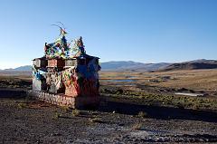 
Chortens dot the hills above Old Zhongba in Tibet, here with a view towards the west at sunset
